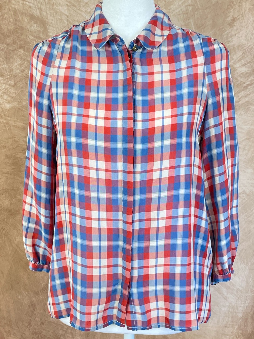 Broadway & Broome size XS Classic Plaid Button-Front 100% Silk